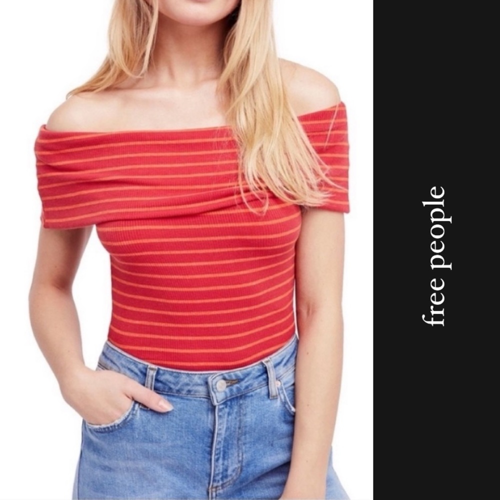Free People Fold Over Off-The-Shoulder Striped Ribbed Knit Top Red NWT • XS